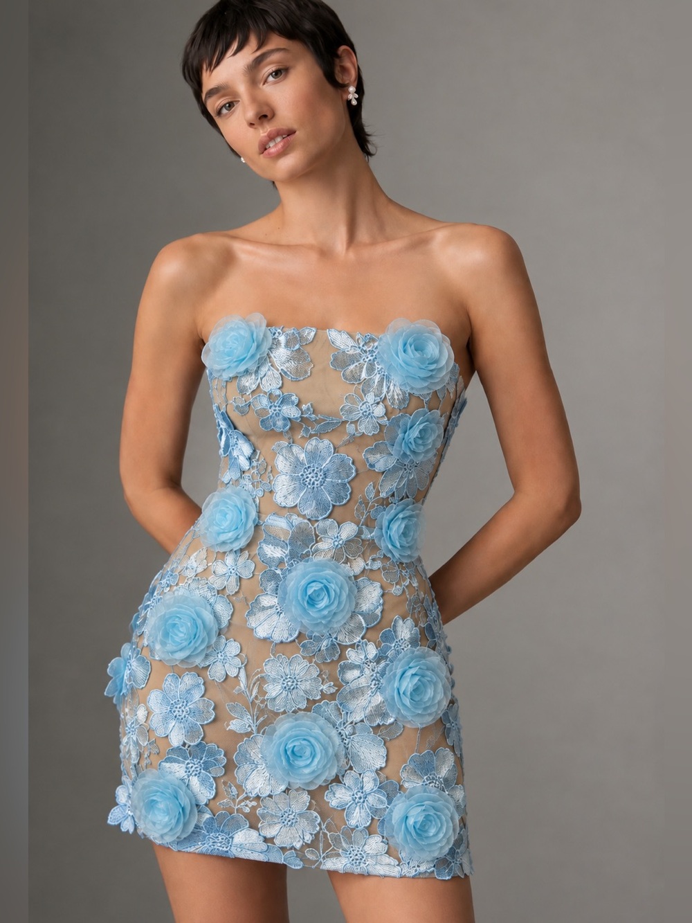 NWT Bella Barnett Floral 3D Appliqué Embroidered Strapless Floral Mini Dress S